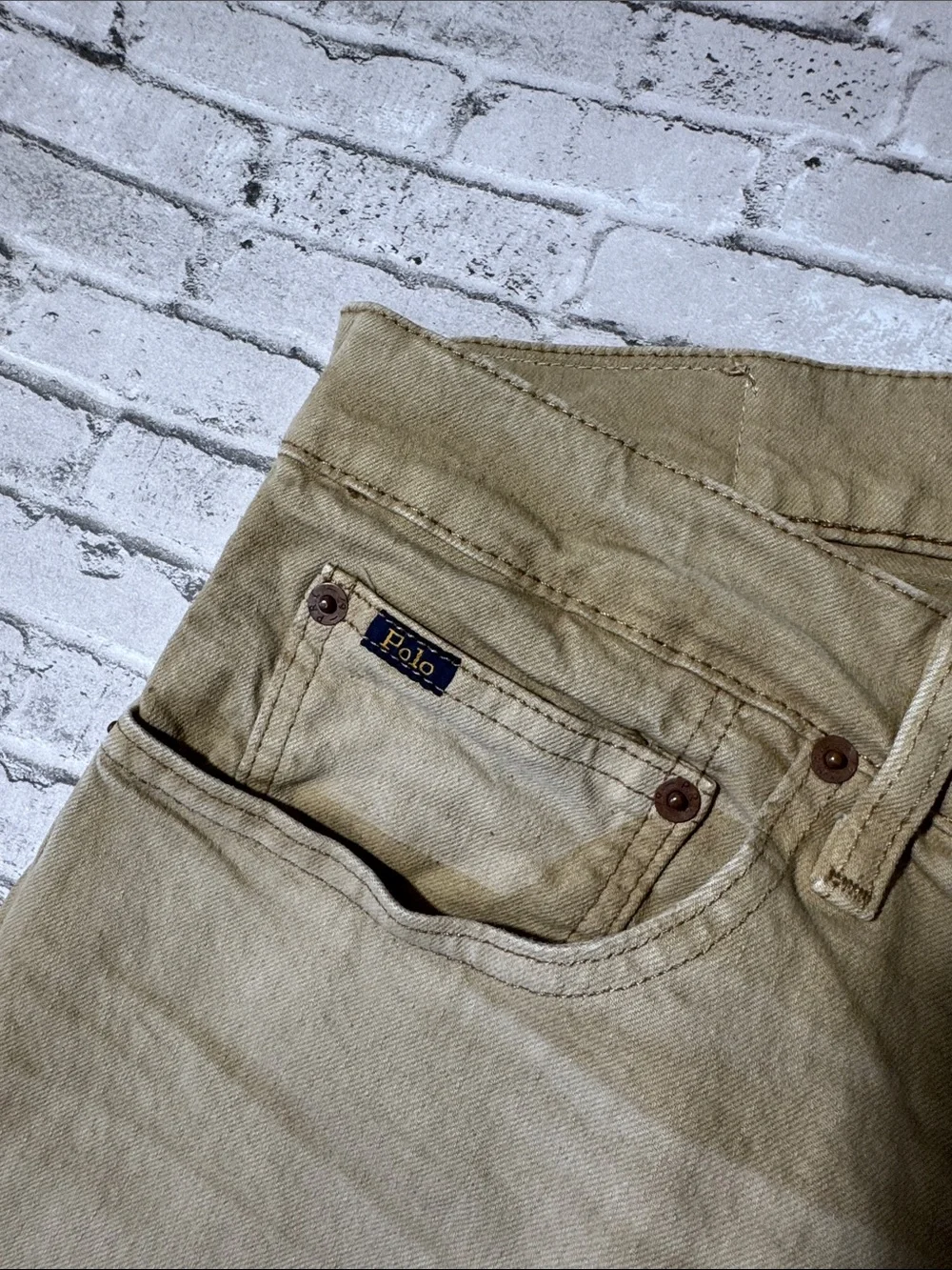 Polo Ralph Lauren mens 32x30 tan faded Varick slim straight denim jeans EUC